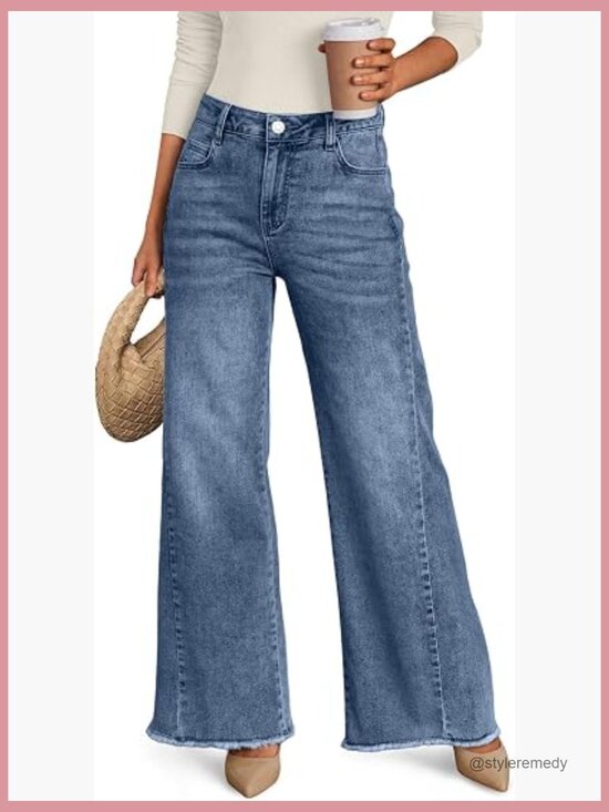 Denim - Wide Leg Jeans with Raw Hem, Mid Rise, Stretchable Cotton Blend Denim
